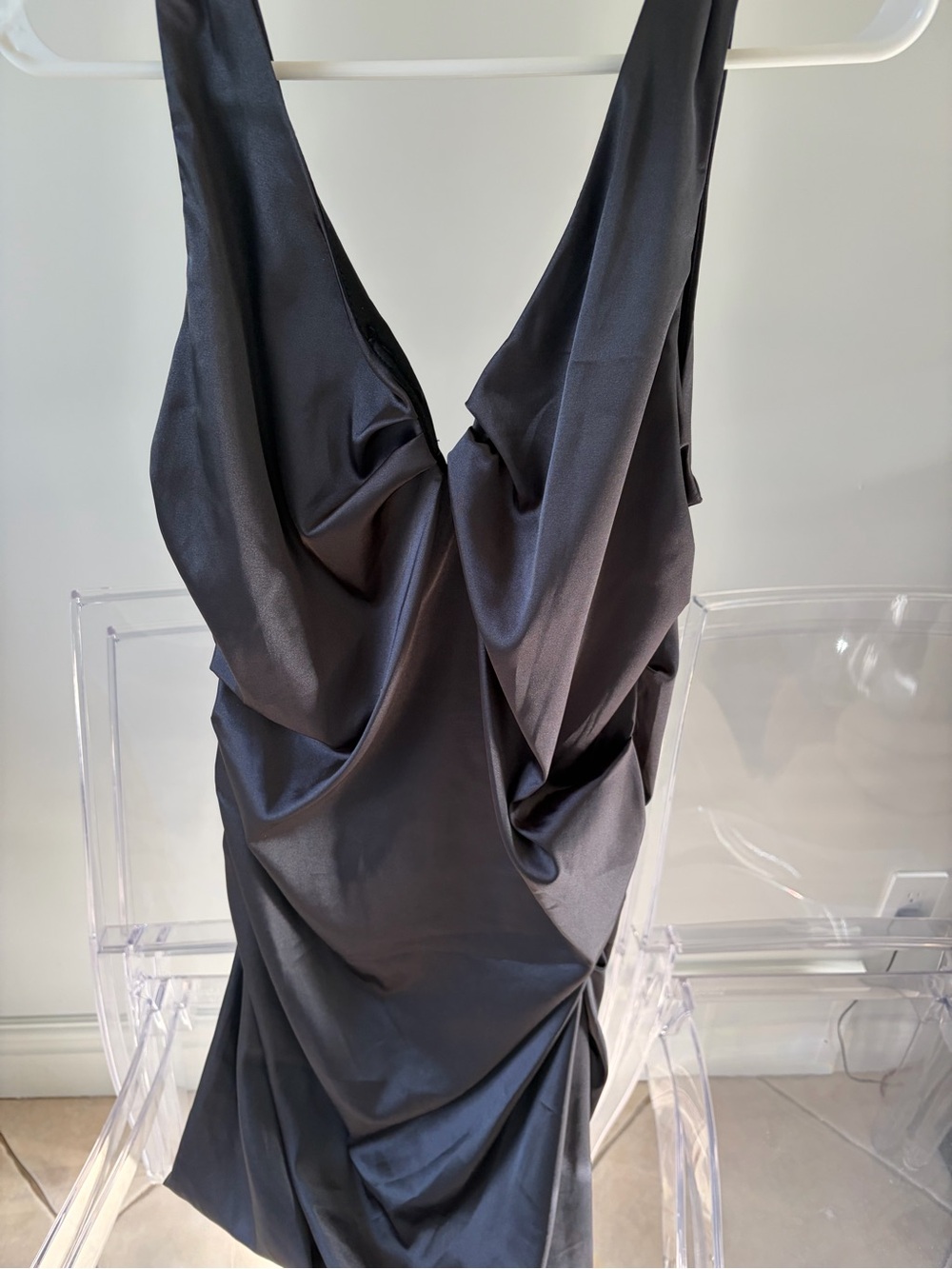 le chateau Black Satin Draped Mini Dress
